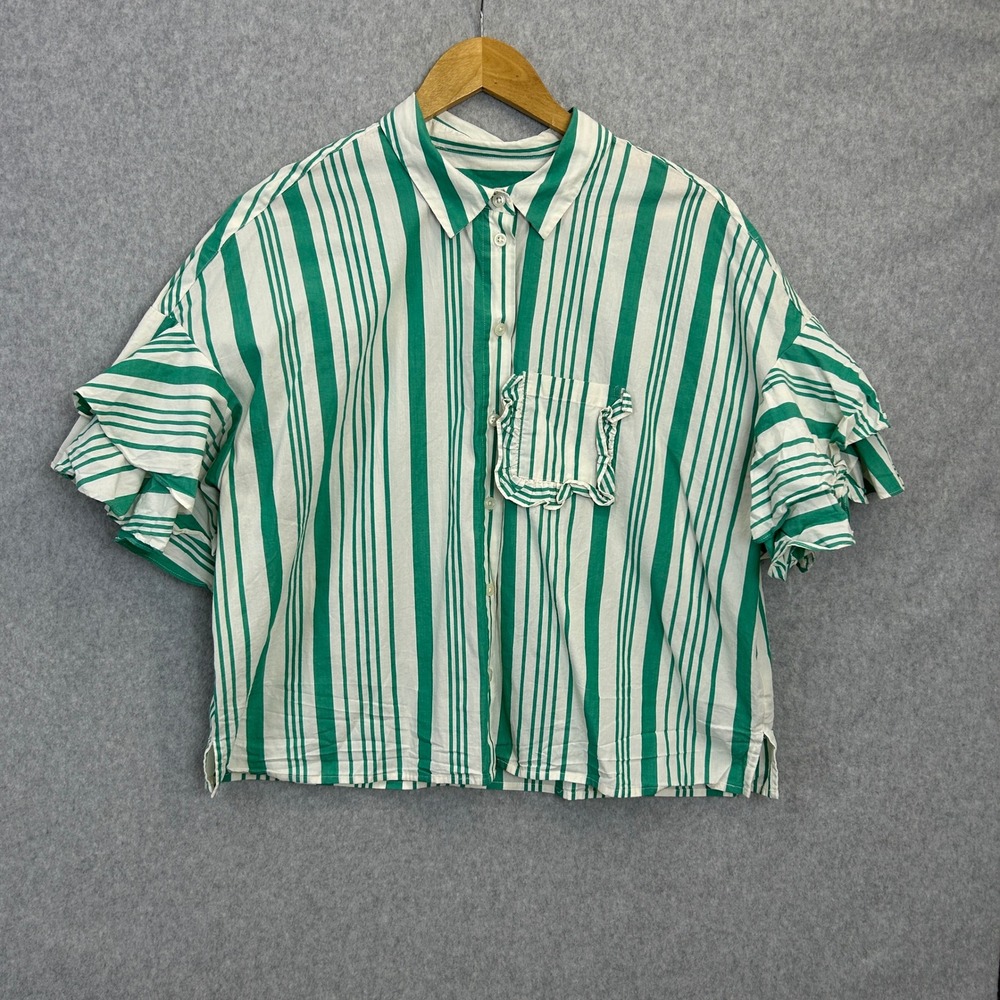 A New Day Size XL Striped Ruffle Sleeve Button Down Shirt Green White Coastal